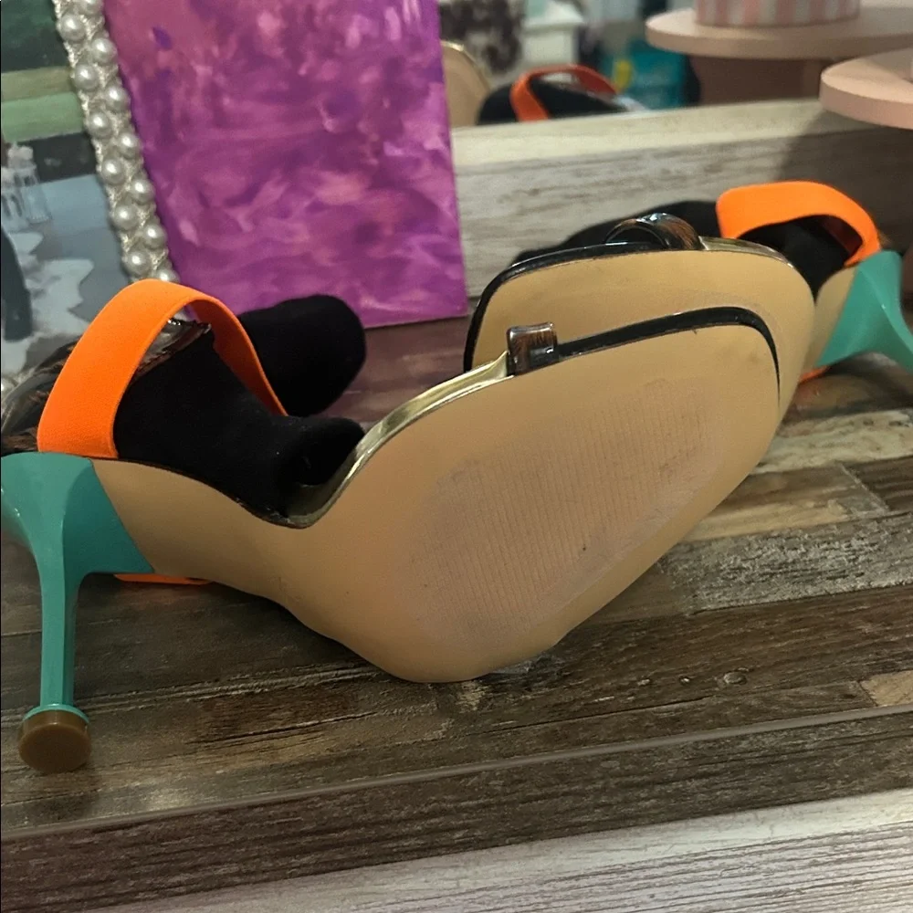 Leopard Print Stiletto Sock Sandals with Orange Strap - Picture 2 of 3